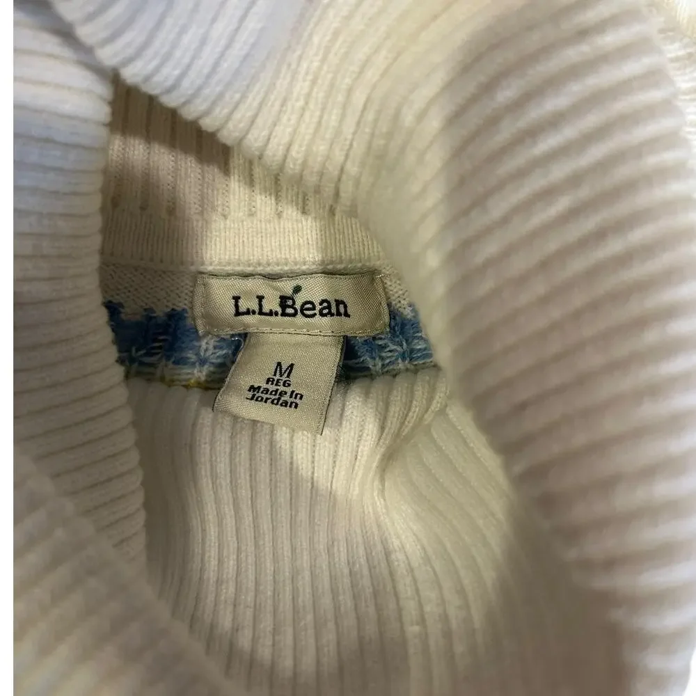 LL BEAN Women's Fairisle Turtleneck Sweater MEDIUM White Grandma core Cottage